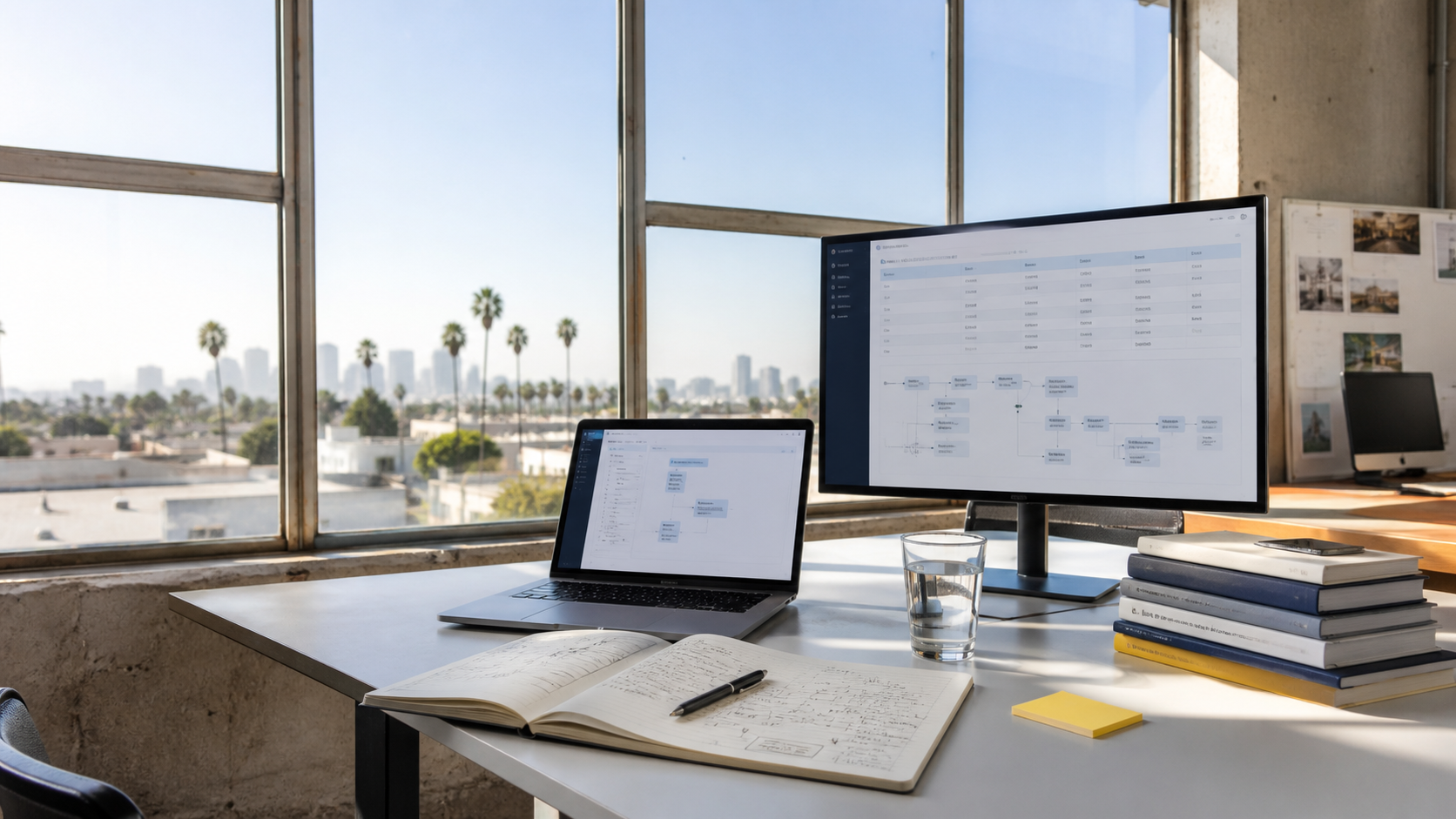 A sunlit Los Angeles workspace with research and workflow tools